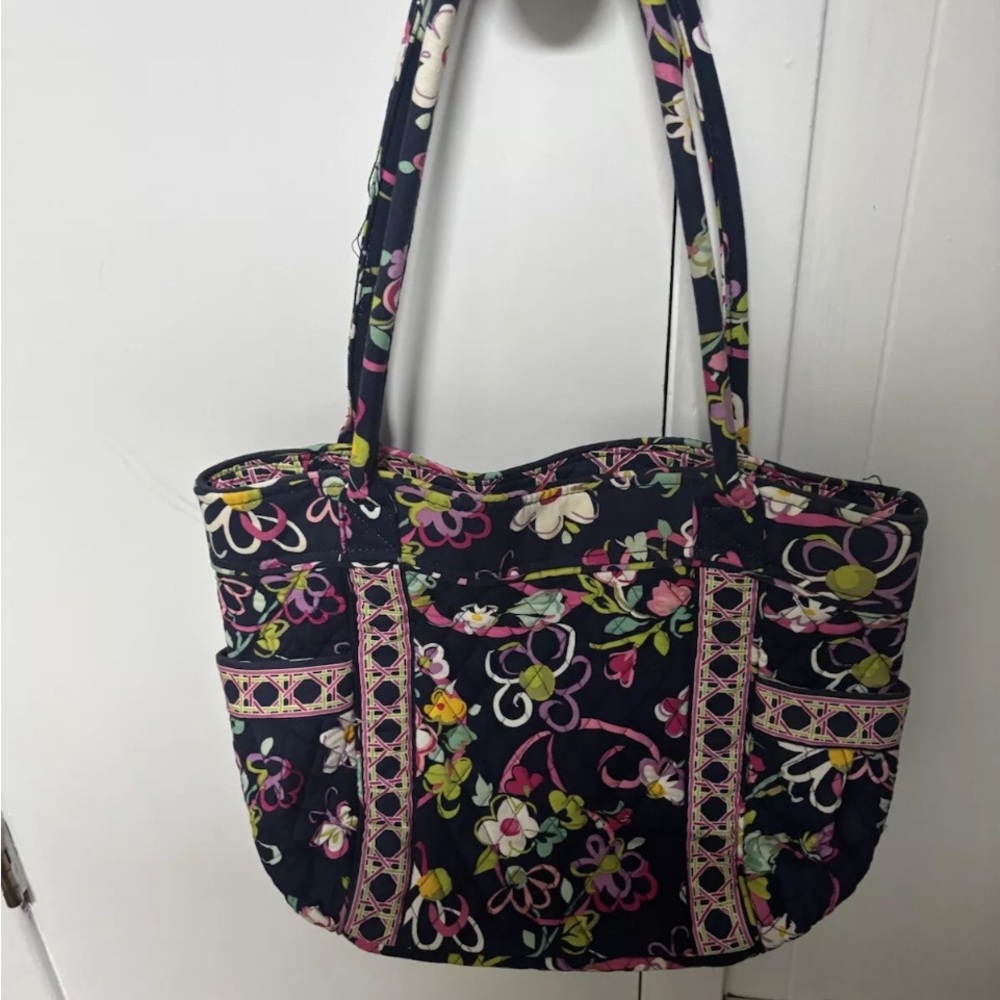 Vera Bradley Mandy Ribbons Pattern Navy Blue with Pink Flowers Shoulder Bag
